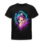 Spreadshirt Chaton Manga Girl Animé Idée De Cadeau Chat Coloré Mignon T-Shirt Ado, 152/164 (12-14 Ans), Noir