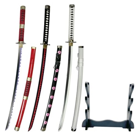 YDSTNiu One Piece Katana, Katana Zoro One Piece, Sabre Zoro One Piece, 3 Pcs 104cm Katana Zoro+Presentoir en Bois Inclus Bambou Anime Katana pour A...